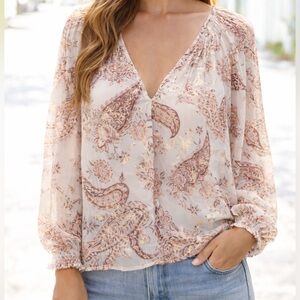 Lovestitch Sheer Paisley V-Neck Blouse | Gold Foil Detail | Boho Chic ✨Large